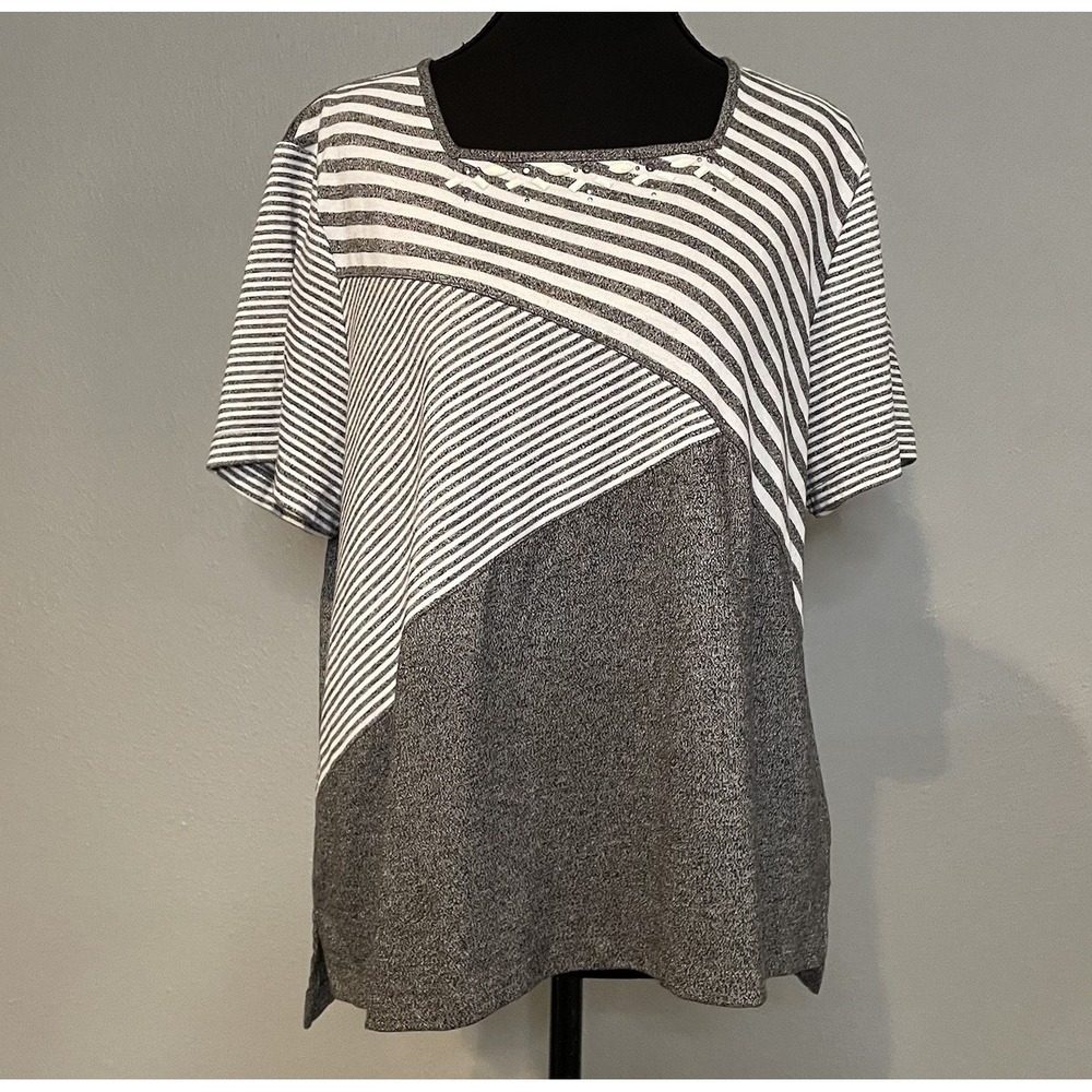 Alfred Dunner Petite‎ Large Top Gray and White Striped Diagonal Pullover Blouse